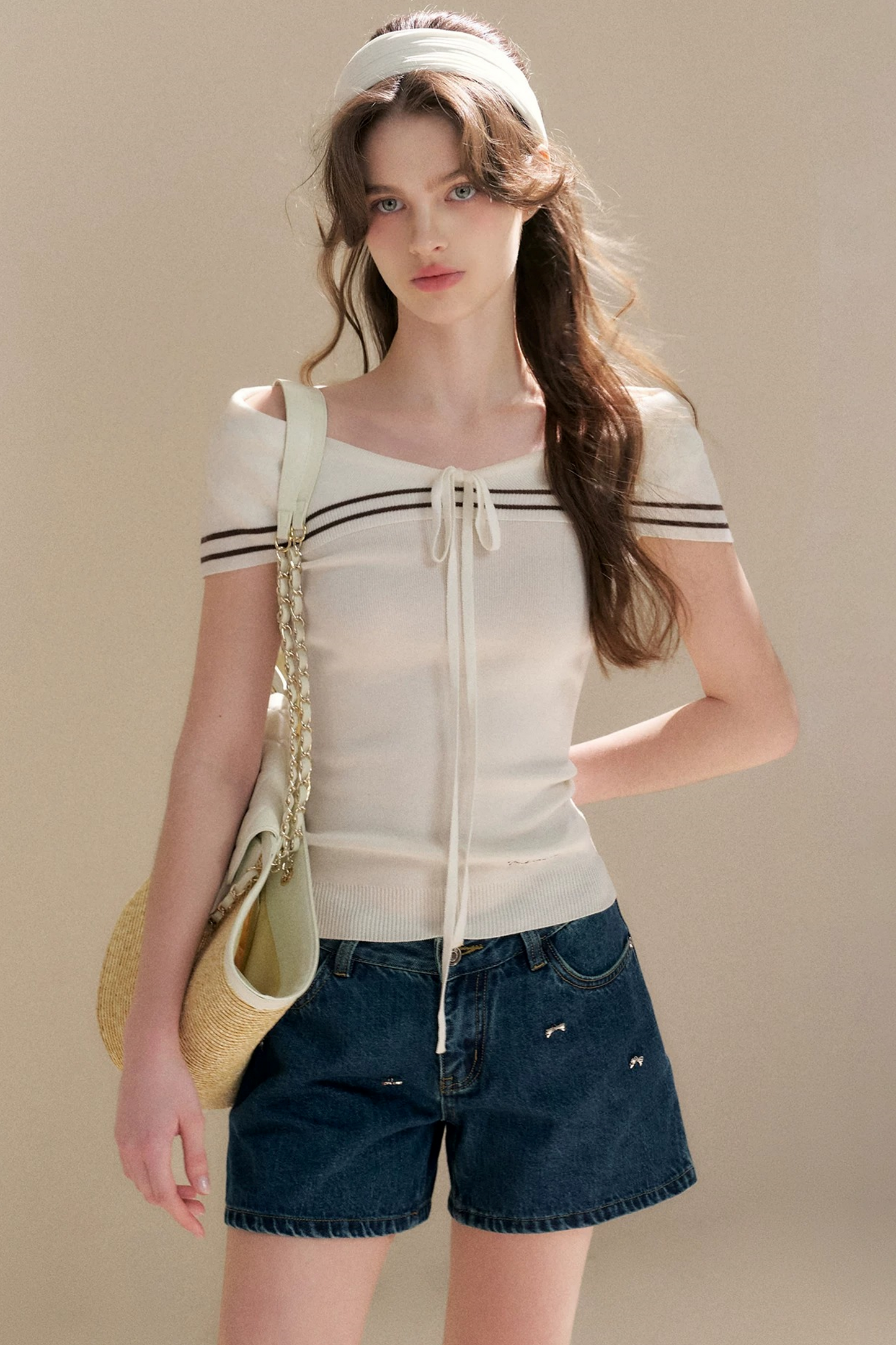 Soft Cotton Bowknot Denim Shorts