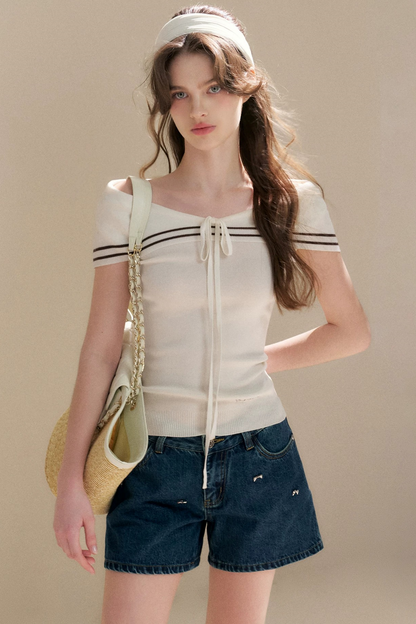 Soft Cotton Bowknot Denim Shorts