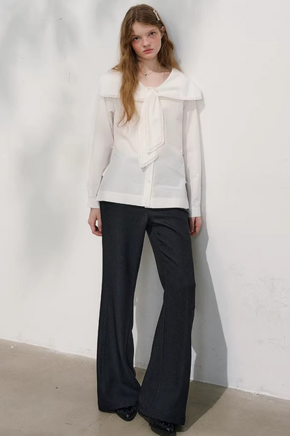 네이비 웨이브 레이스 블라우스