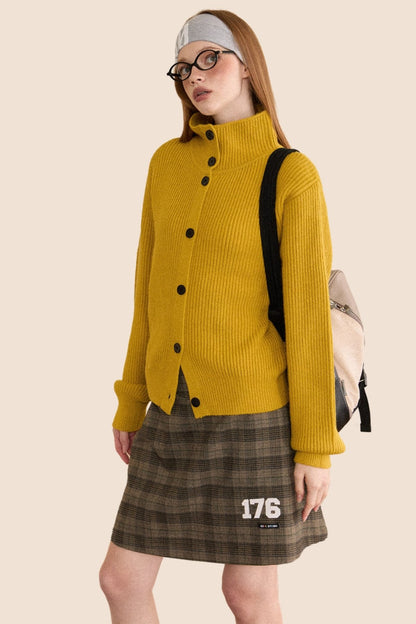 Retro Padded Turtleneck Knitted Cardigan