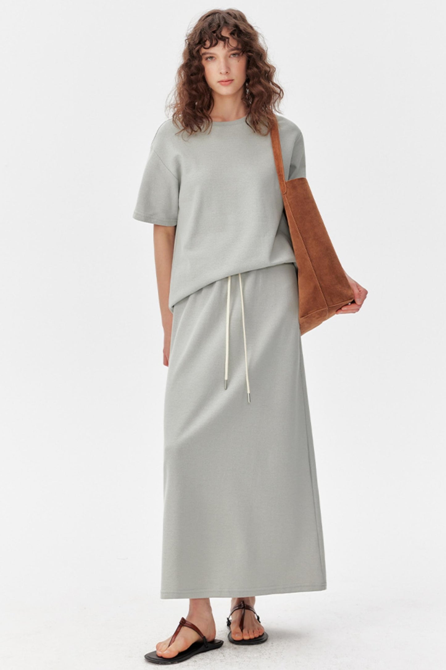 Grey Textured T-Shirt And Skirt Set-Up