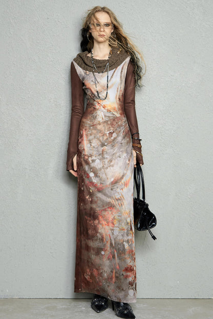 Printed Stretch-Knit Long-Sleeve Dress