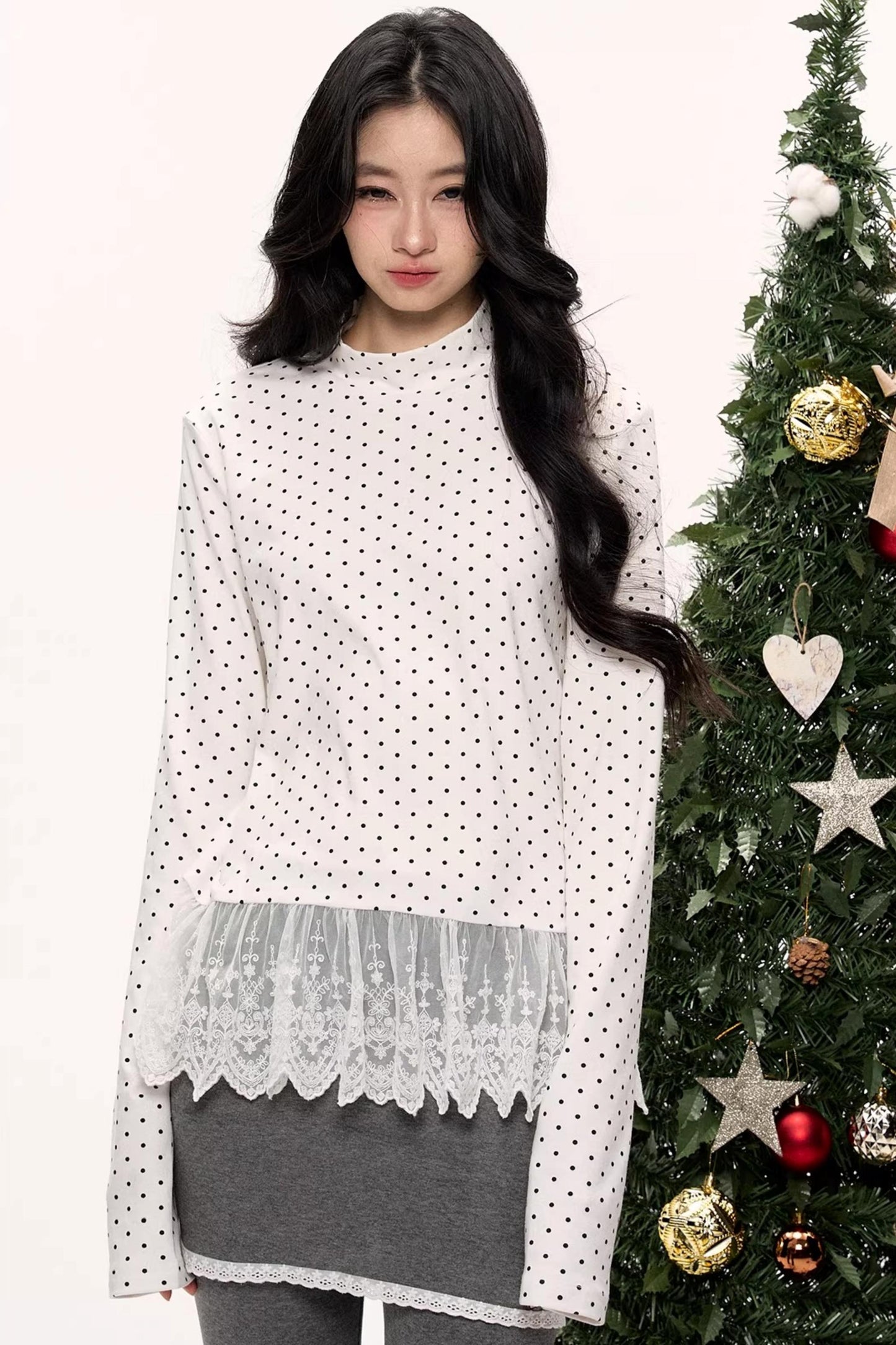 Polka Dot Lace Turtleneck Top