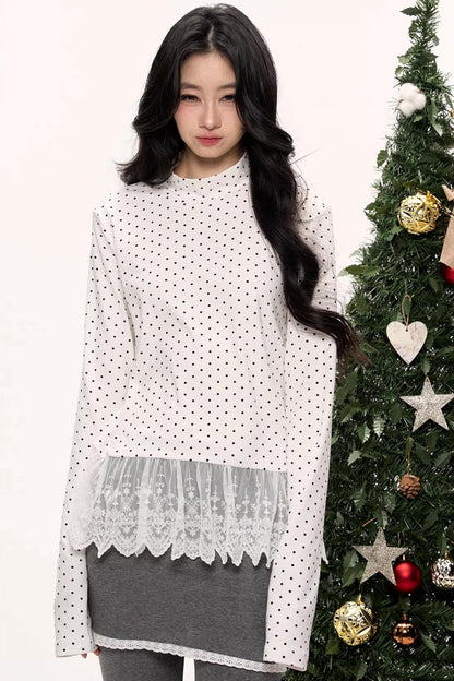 Polka Dot Lace Turtleneck Top