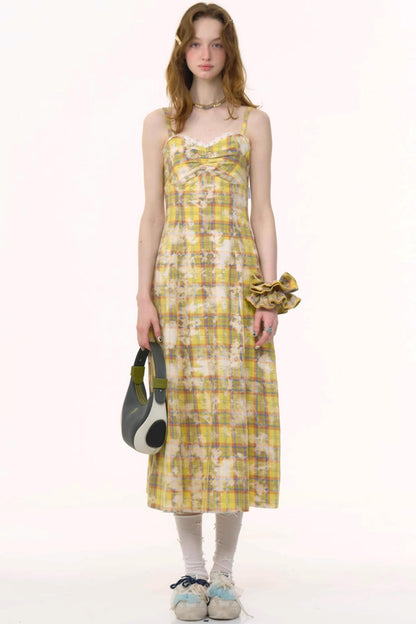 Vintage Yellow Plaid Halter Dress
