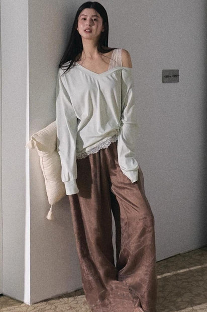 Greenery Lace Slanted Pullover Sweatshirt