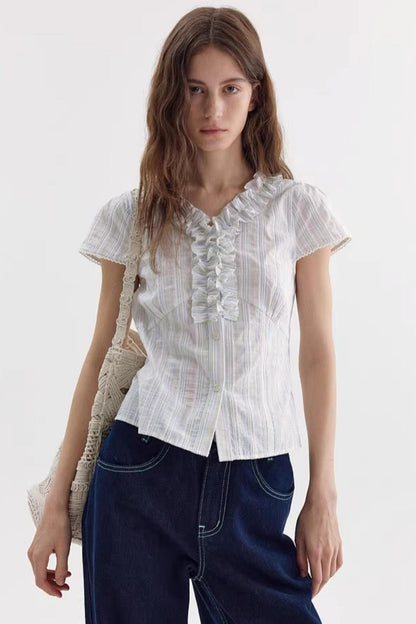 Color-Block Striped Ruffled Blouse