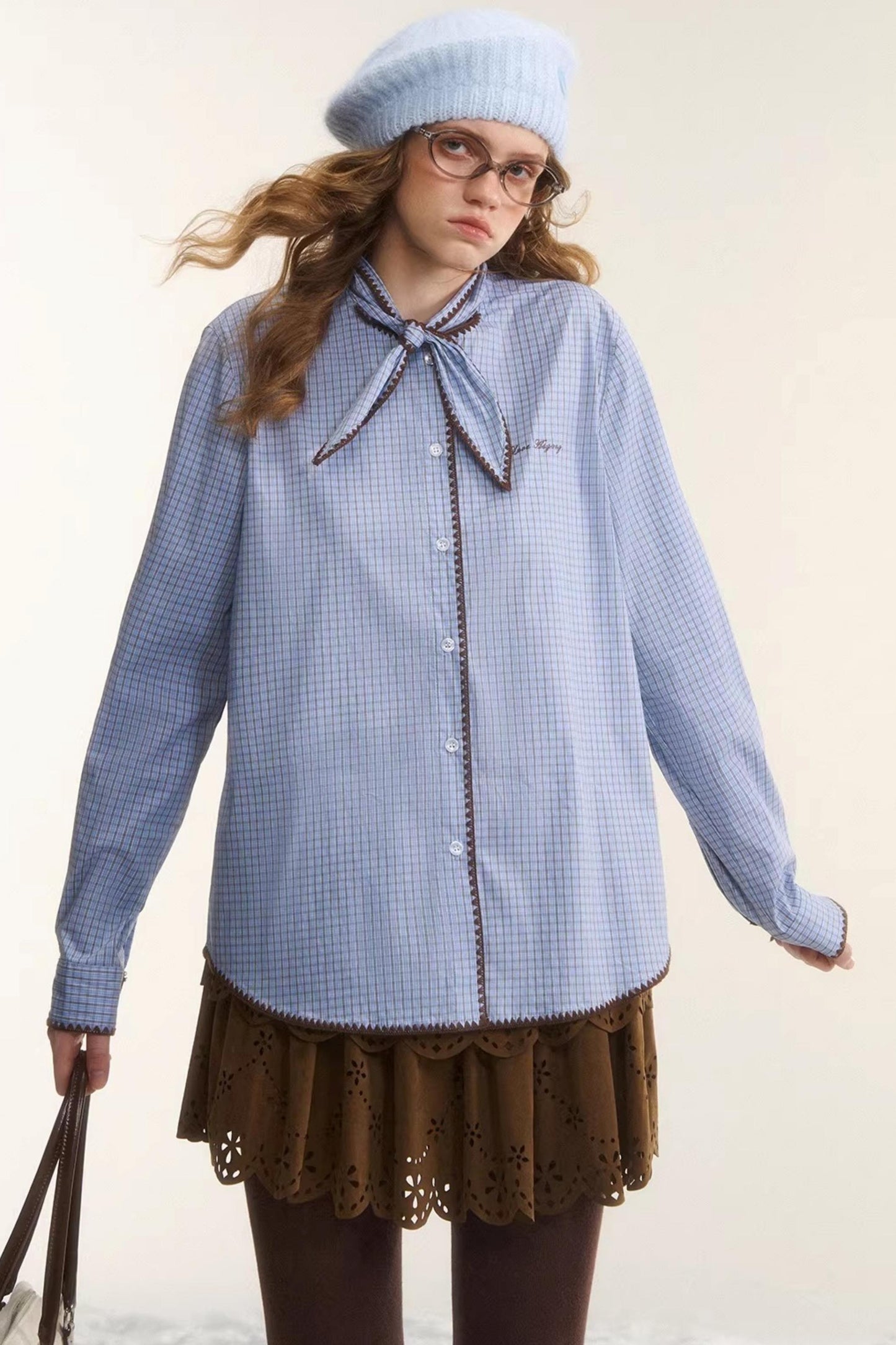 Shell Embroidery Plaid Shirt