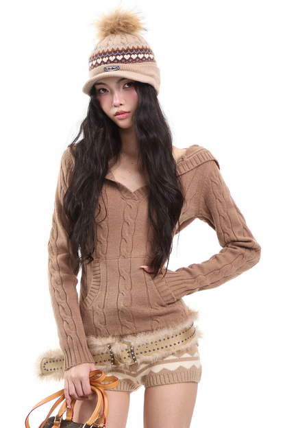 Retro V Neck Hooded Knitwear Top