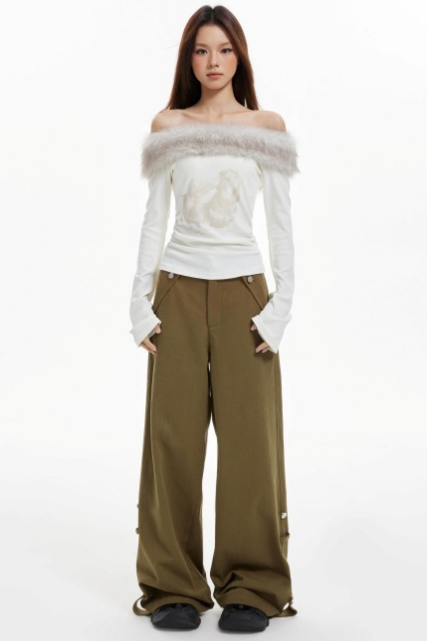 Off-Shoulder Fur Collar Slimming Sleeve Top