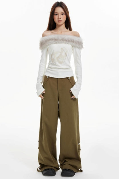 Off-Shoulder Fur Collar Slimming Sleeve Top