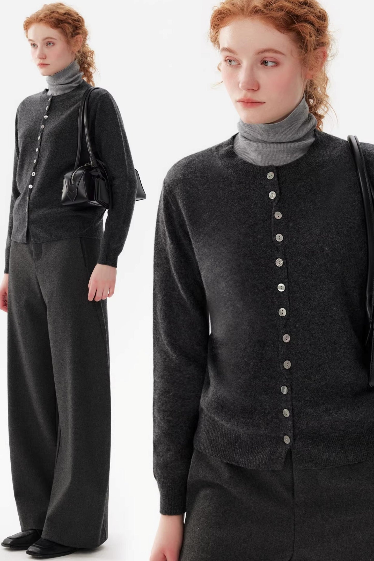 Gray Wool Crew Neck Cardigan