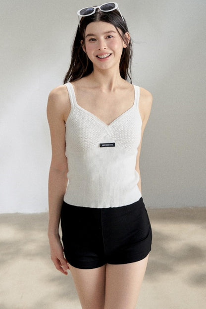Textured White V-Neck Knitted Suspender Top