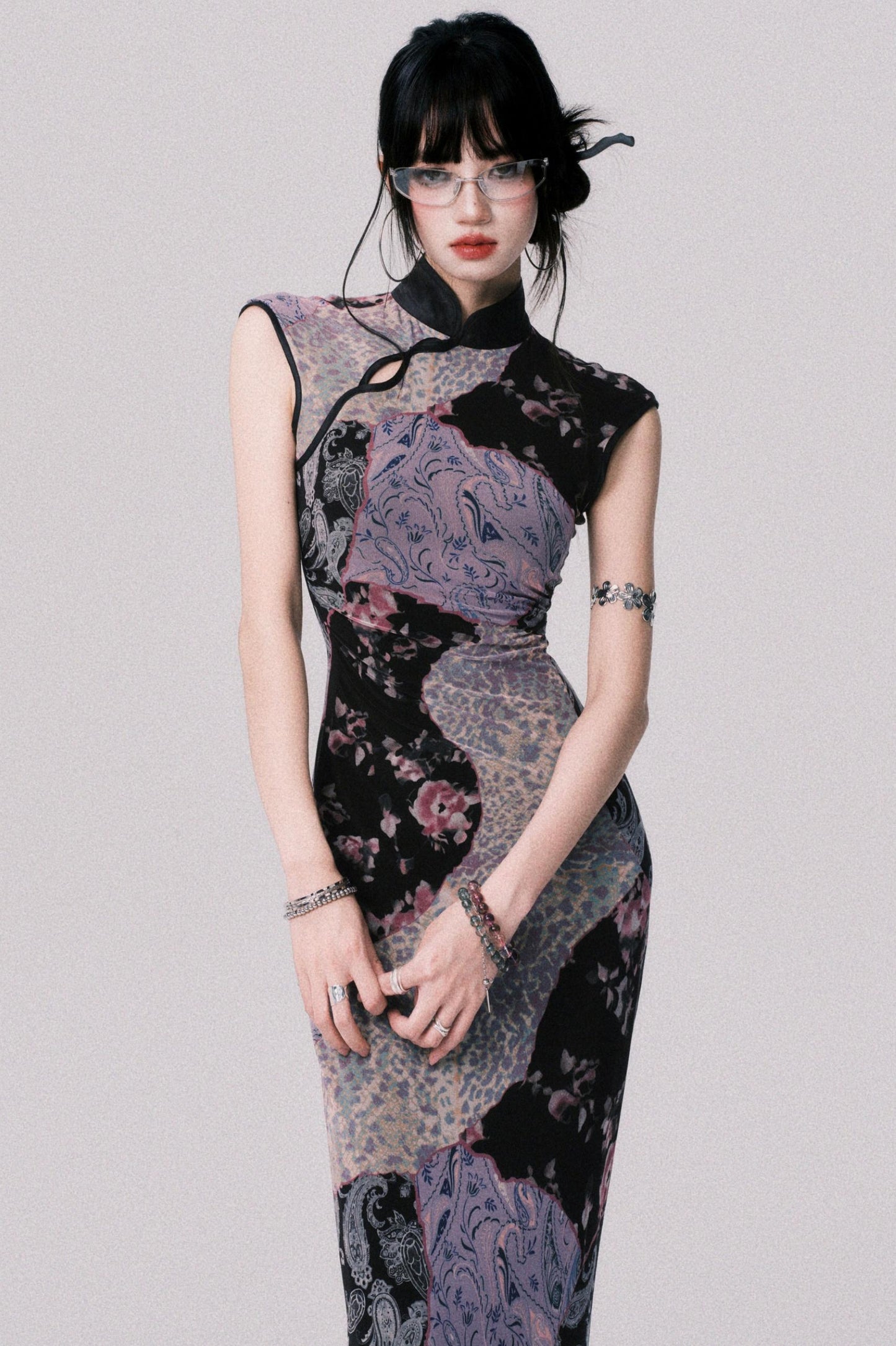 Smokey Purple Color-Block Cheongsam Dress