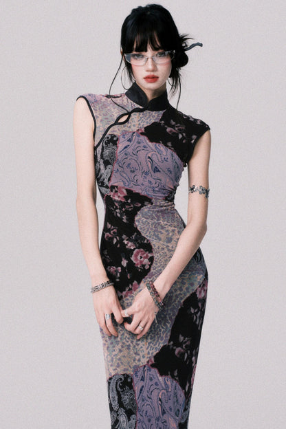 Smokey Purple Color-Block Cheongsam Dress