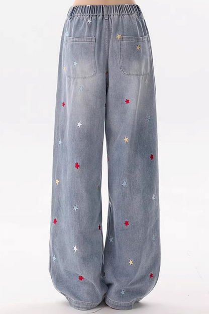 Star-Patterned Vintage Denim Pants
