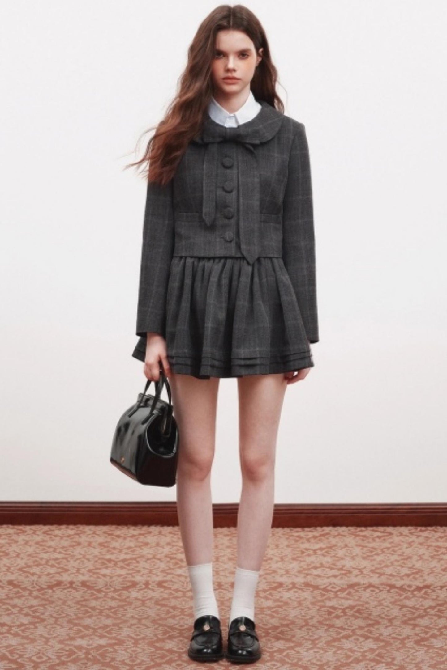 Plaid Doll Collar Blazer Skirt Set-Up