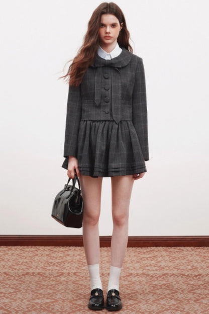 Plaid Doll Collar Blazer Skirt Set-Up