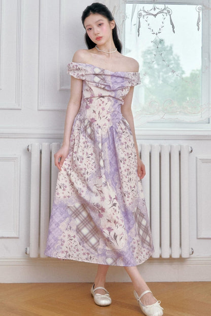 Purple Mist Plaid Off-Shoulder Dress