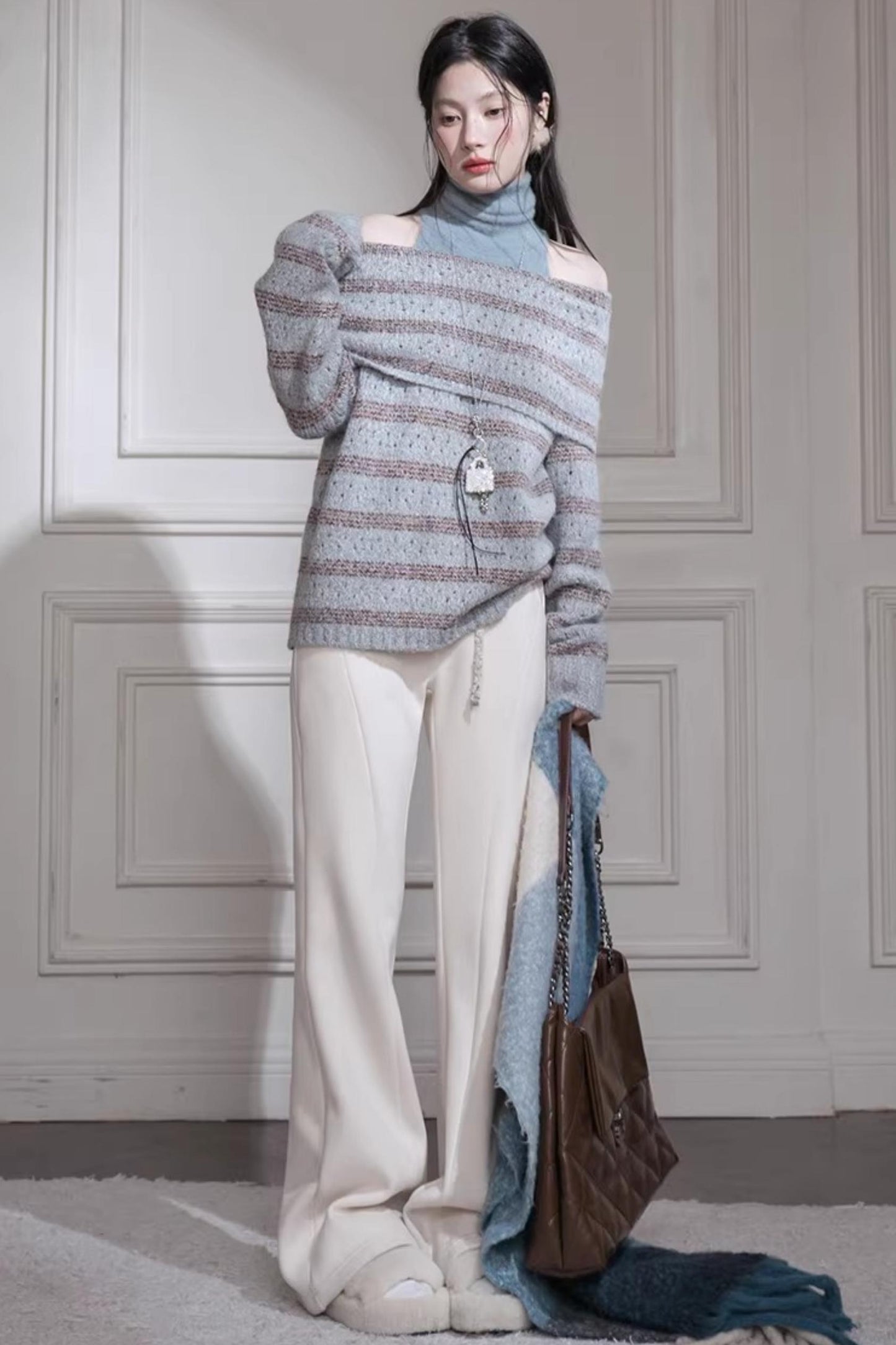 Off-Shoulder Wool Knit Vest Set