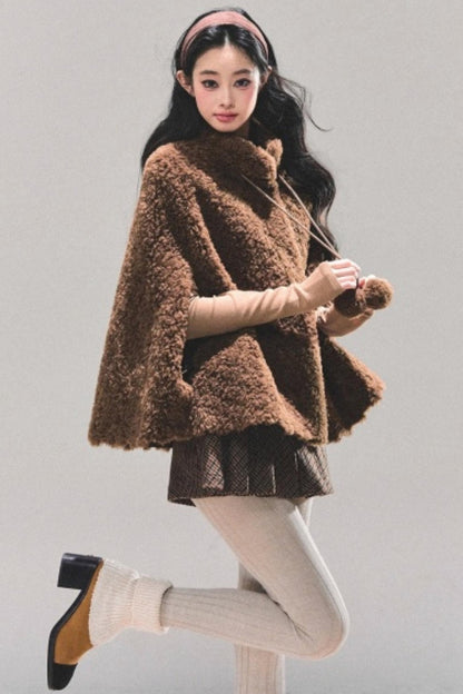 Korean-Style Lamb Wool Cape Coat