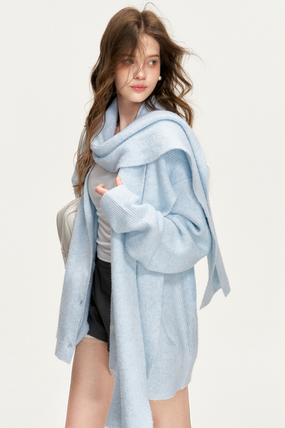Cloudy Stroll Wool Cardigan Scarf Set