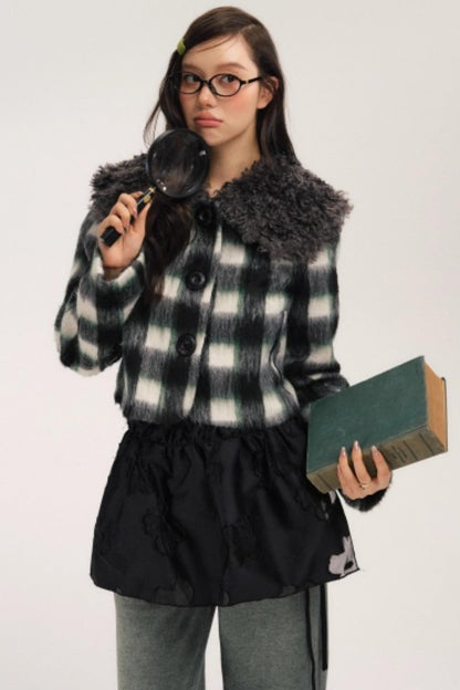 Plaid Wool Fur Collar Jacket