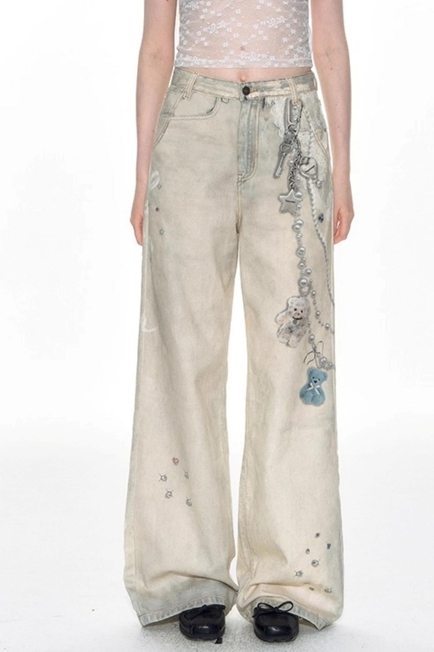 Hand-Painted 3D Printed Womens Wide-Leg Pants