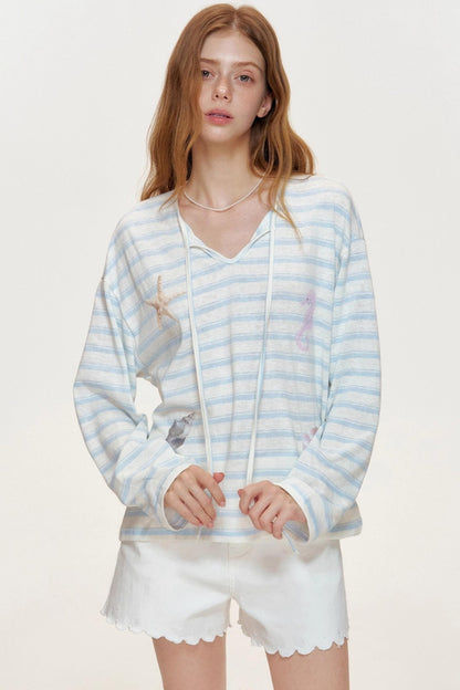 Blue Ocean Shell Starfish Lace-up Smock Shirt