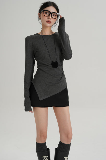 Shoulder Pads Hem Slit Long Sleeve T-shirt