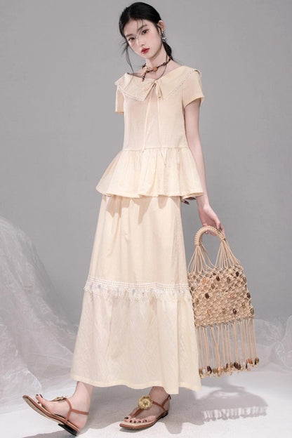 Soft Apricot Wave Layered Skirt Set