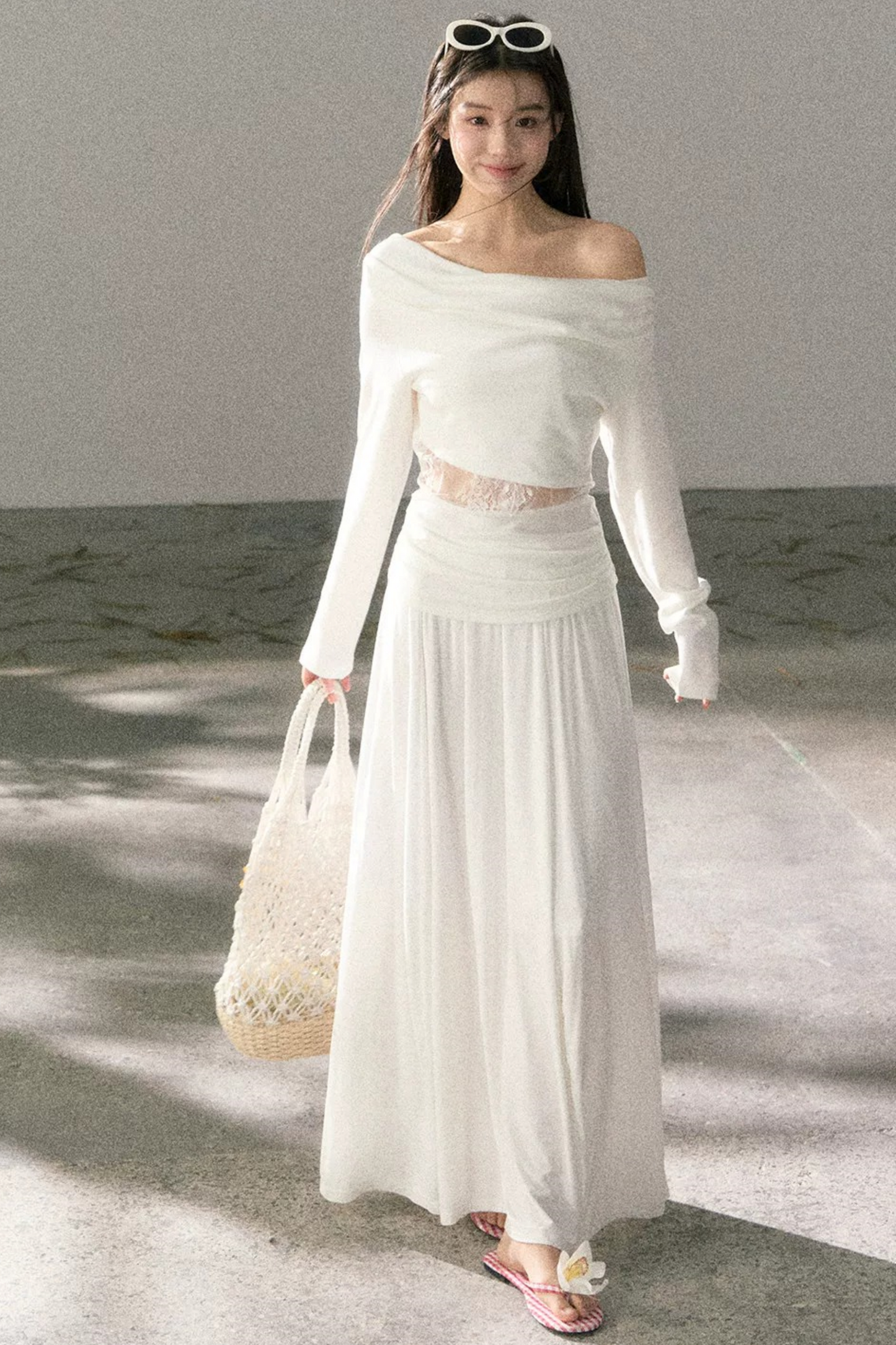 White Lace Cutout Draped Top Set-Up