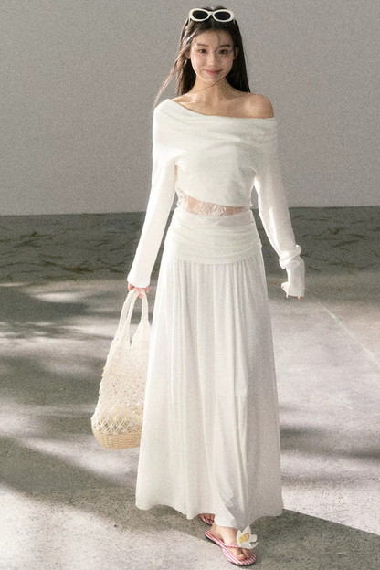 White Lace Cutout Draped Top Set-Up