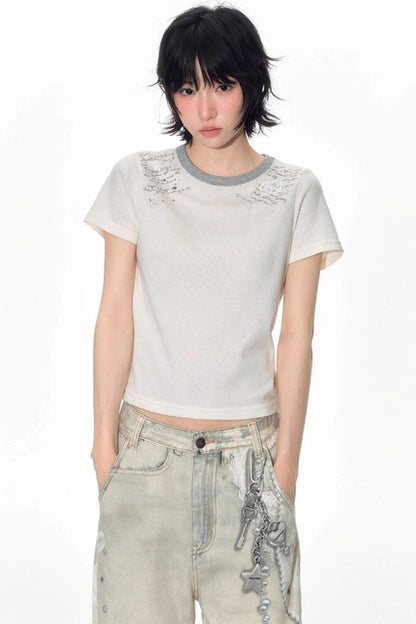 Original Patch Print Short Sleeve Summer Top