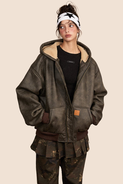 Distressed Fur Fleece Hooded Jacket