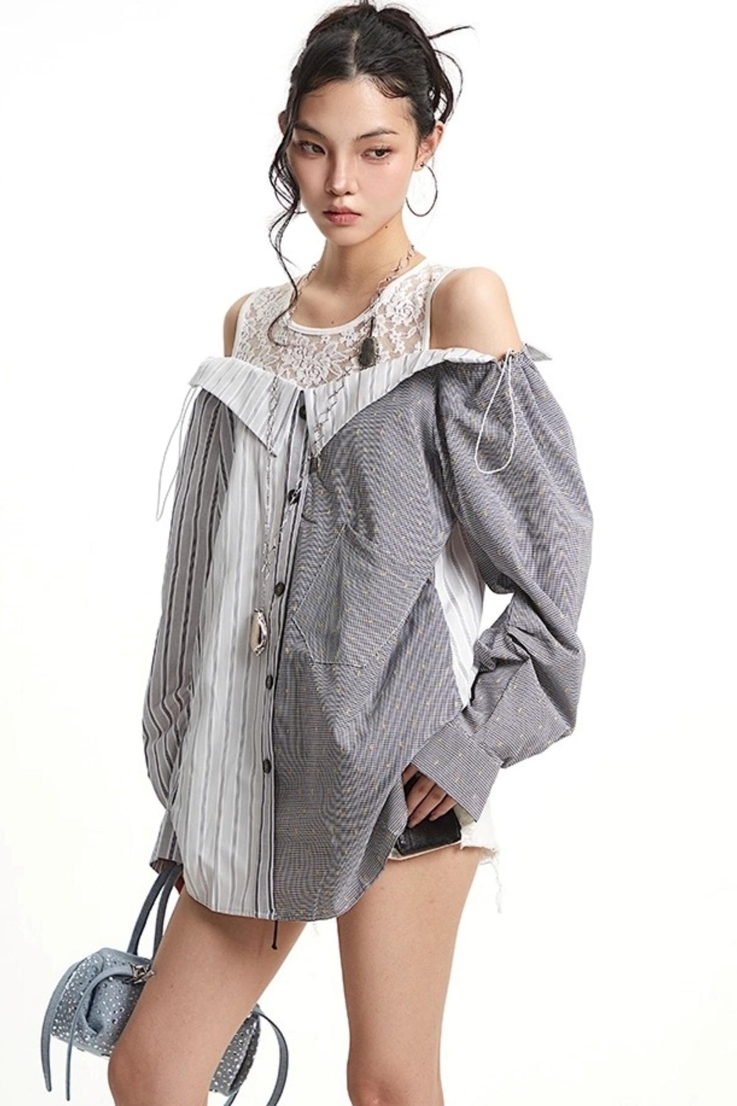Patchwork Lace Striped Shirt
