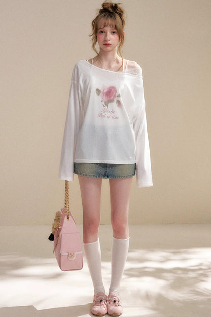 Blusa in Lyocell con Spalle Scoperte e Rose