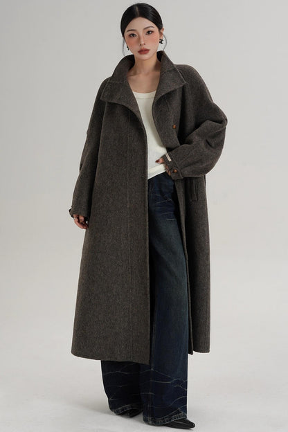 Elegant High-Neck Long Wool Coat