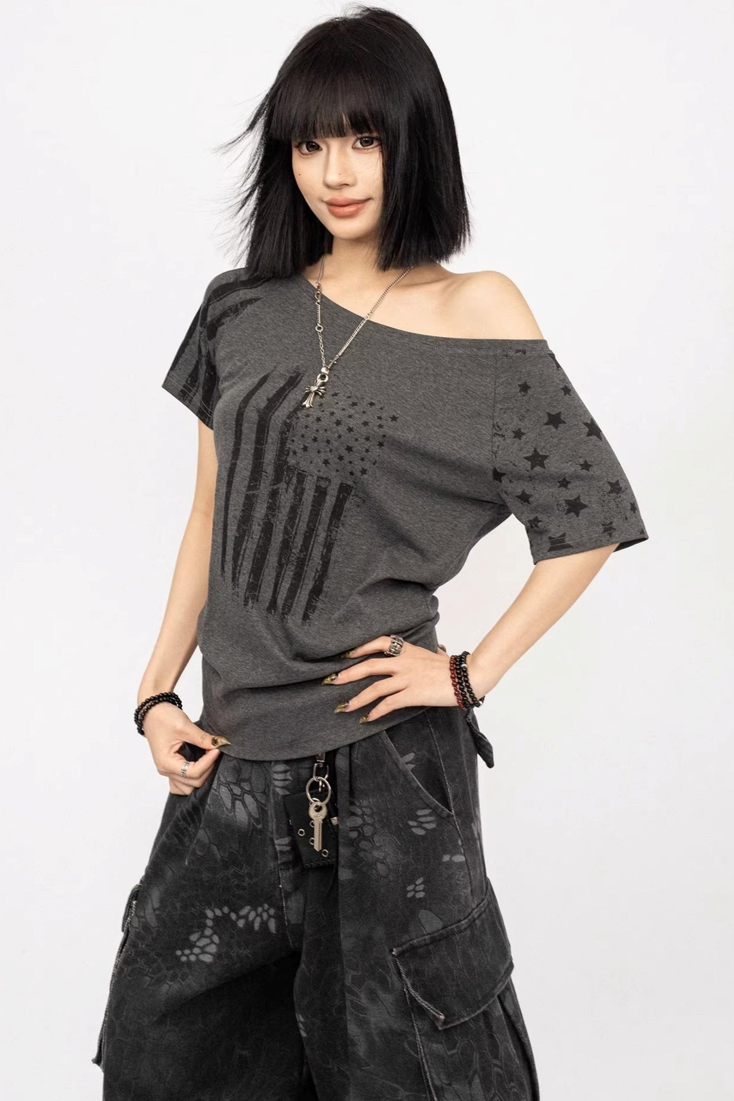 Retro Printed One-Shoulder Top