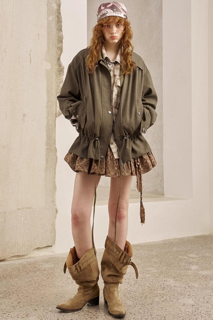 Pleats Waist Solid Color Loose Jacket