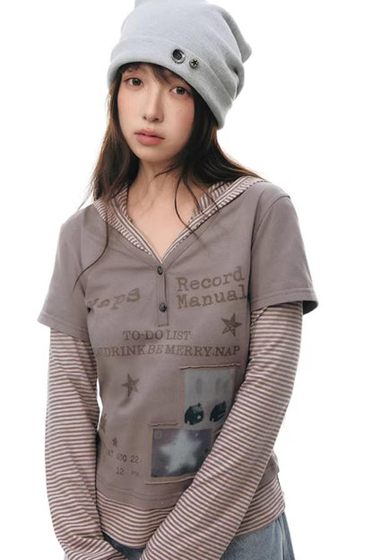 Hooded Spliced Long-Sleeve Top