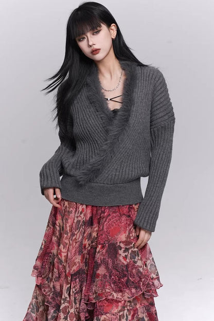 Soft Gray V-Neck Knit Sweater