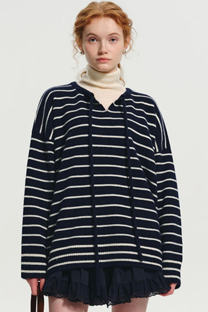 Wool Stripe Drawstring Knit Sweater