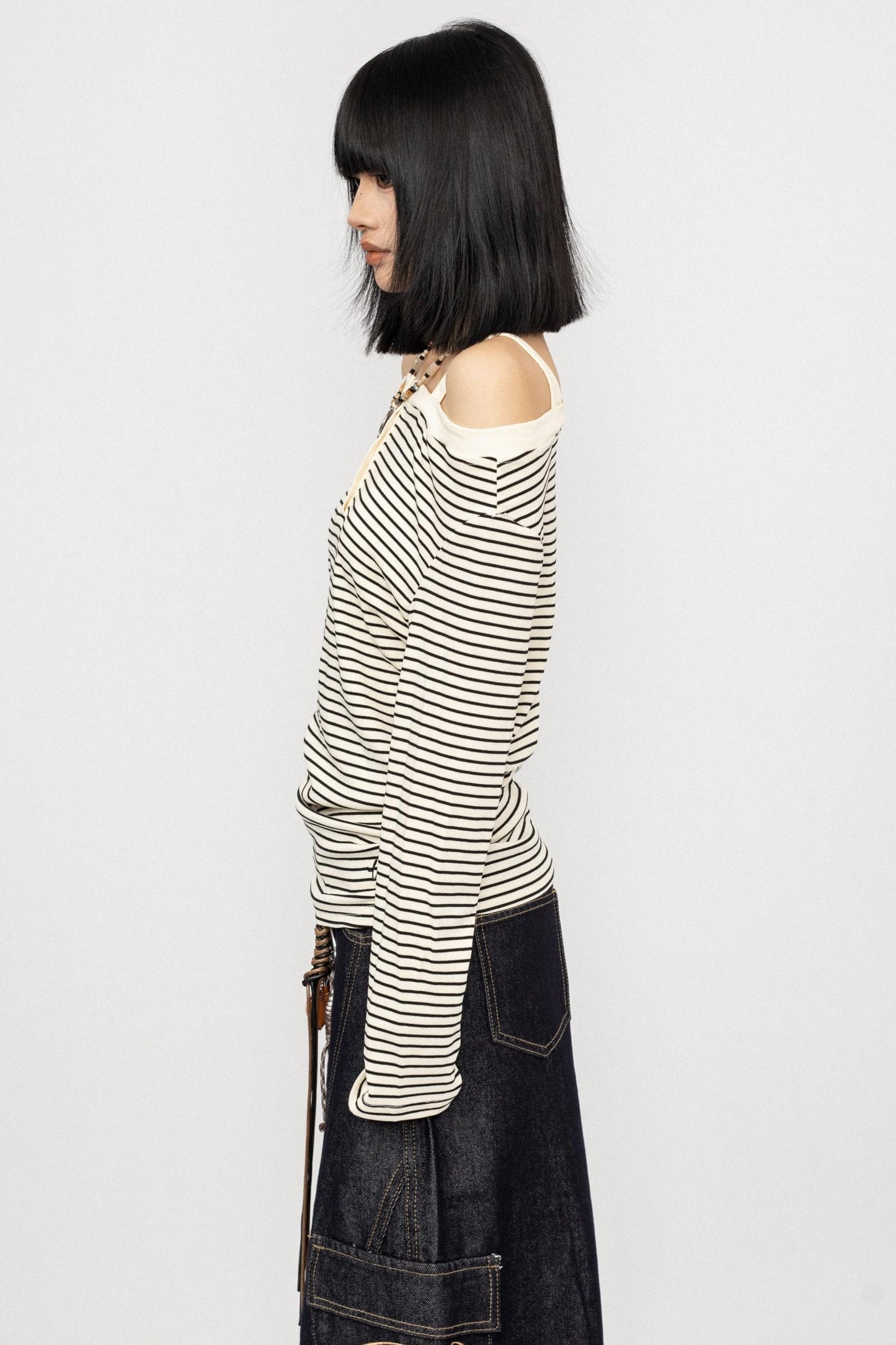 Striped Long Sleeve One Shoulder T-Shirt