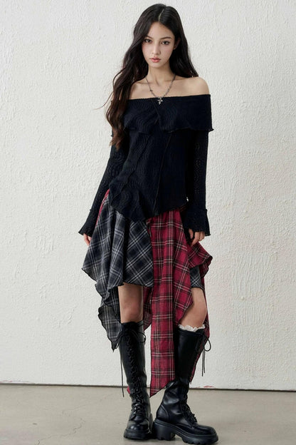 Irregular Plaid Patchwork Skirt