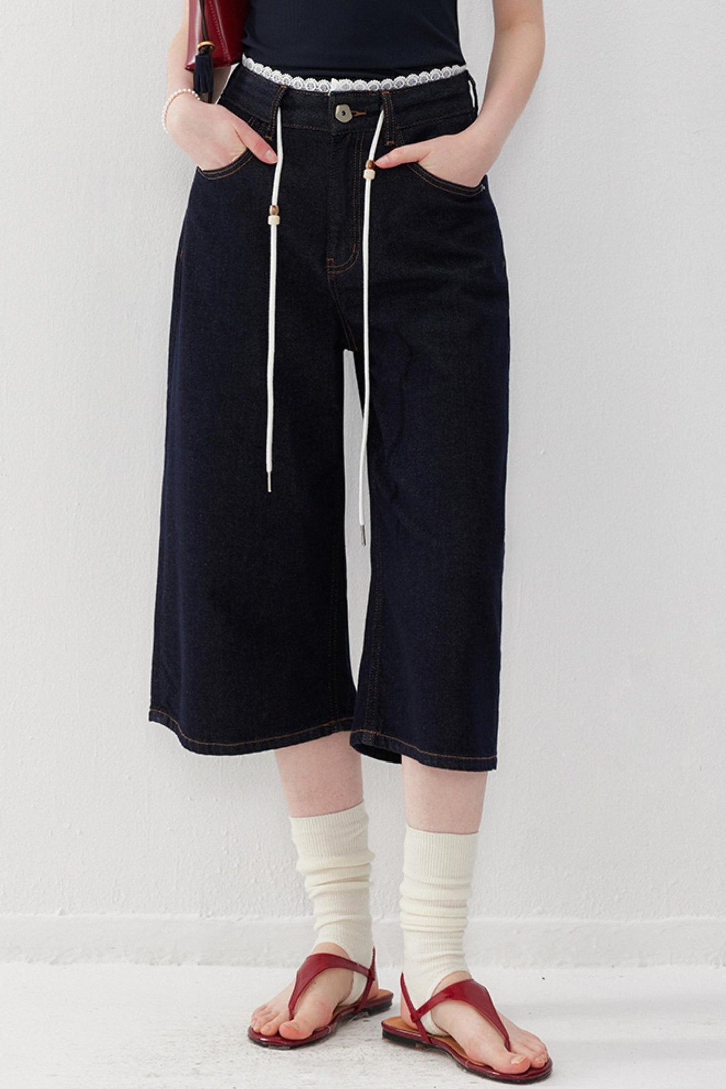 Lace-Detail Denim Culottes Pants