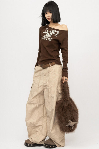 Monogram Print Off-Shoulder Slim T-Shirt