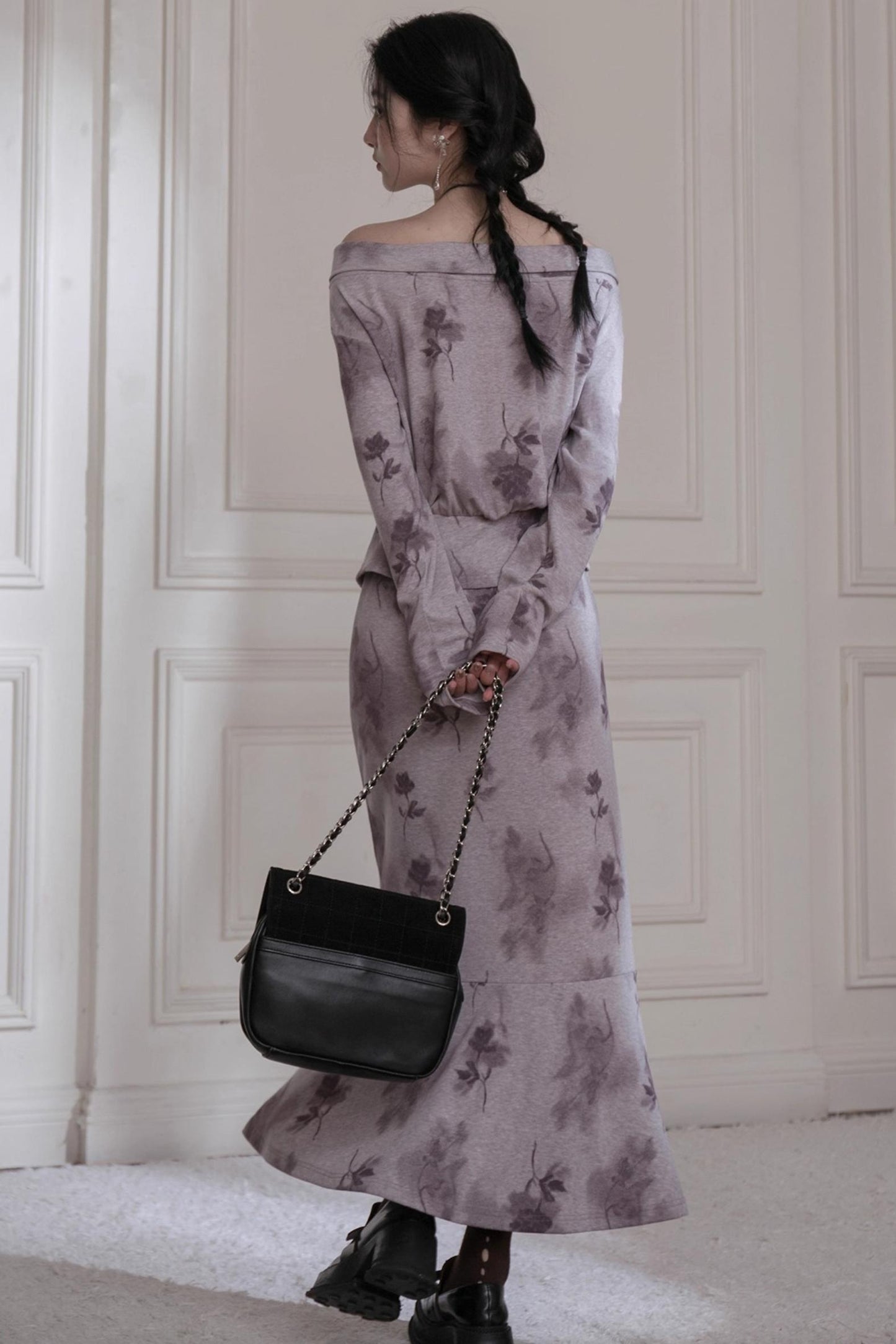 Cloud Gray Purple Bow Neck Knit Skirt Set