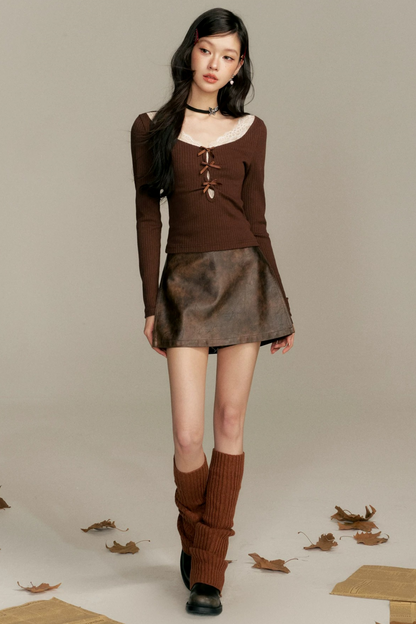 Caramel Lace Patchwork Skirt Pants Set-Up