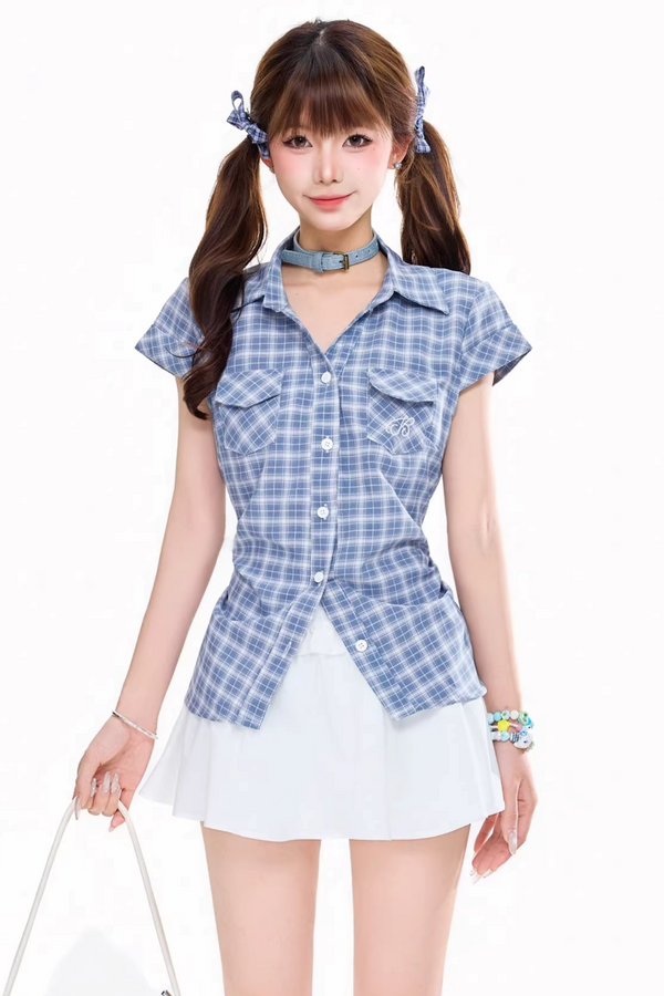 Retro Plaid Waist-Cinching Blouse